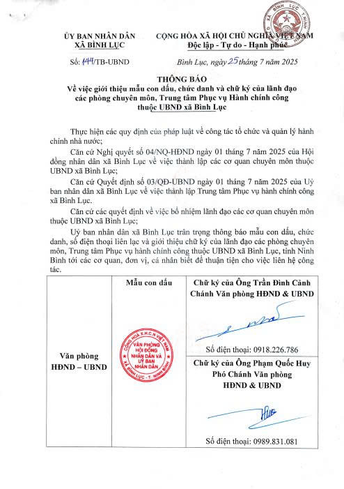 Giới thiệu mẫu con dấu, chức danh và chữ ký của lãnh đạo các phòng chuyên môn, Trung tâm Phục vụ Hành chính công thuộc UBND xã Bình Lục