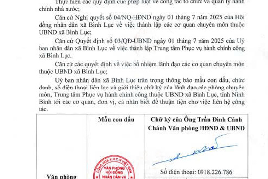 Giới thiệu mẫu con dấu, chức danh và chữ ký của lãnh đạo các phòng chuyên môn, Trung tâm Phục vụ Hành chính công thuộc UBND xã Bình Lục